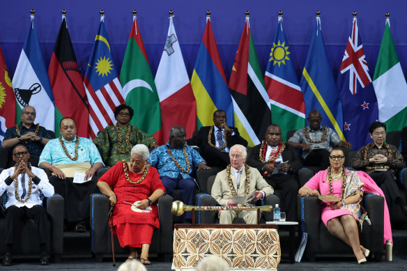 King Charles at the opening ceremony Commonwealth Heads of Government Meeting (CHOGM) in Apia, Samoa in 2024. The main themes of the meeting were resilience and sustainability. 