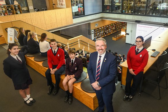 St Michael’s principal Gerard Houlihan with students Chloe Theuma, Nicholas Parker, Harry Guttman and Raphaela Papas.