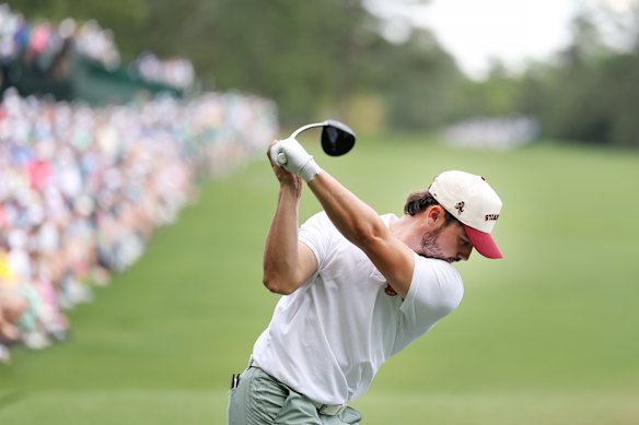 Amateur Jose Luis Ballester of Spain plays his shot from the 14th tee, one hole after relieving himself.
