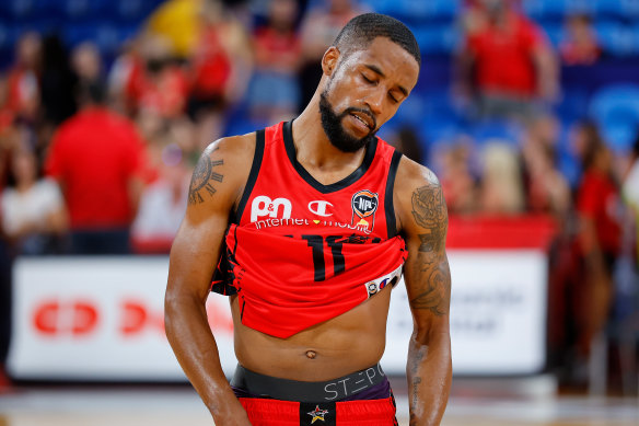 Bryce Cotton reacts to losing at RAC Arena on Saturday night.