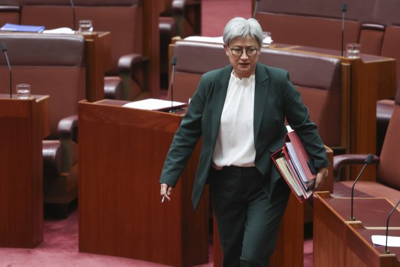 Top Stories Tamfitronics Leader of the government in the Senate Penny Wong arrives for question time on Thursday.