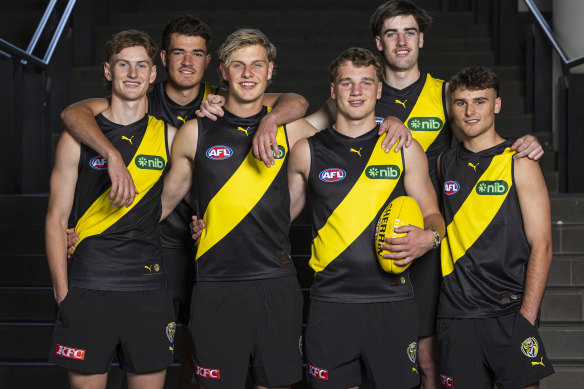Richmond loaded up their list at last year’s draft, picking up, from left to right, Luke Trainor, Harry Armstrong, Josh Smillie, Sam Lalor, Jonty Faull and Taj Hotton. This year, they have two high picks.