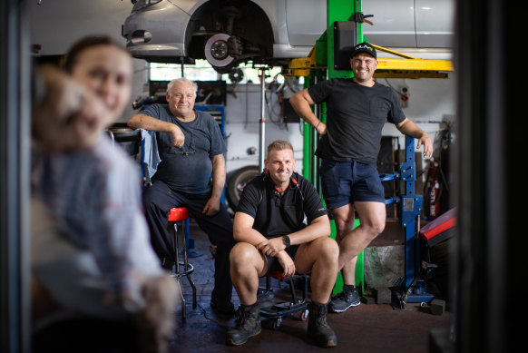 Bill, Johnny and Danny Jorgovic of BJK Service Centre, a traditional petrol and mechanic businesses in Frankston South.