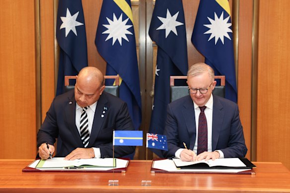 President of Nauru, David Adeang and Prime Minister Anthony Albanese during a signing ceremony following a bilateral meeting at Parliament House in Canberra last year. 