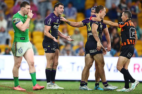 Melbourne’s Trent Loiero protests after referee Grant Atkins penalises him in golden point. 