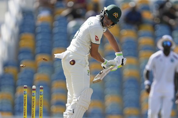Sam Konstas is bowled by Shamar Joseph in the second innings in an underwhelming return to the Test side.