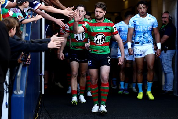 Jai Arrow leads the Rabbitohs out to face the Titans on the Gold Coast last Saturday.