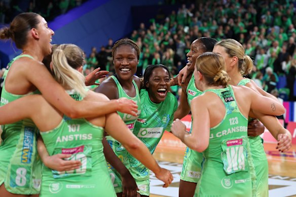 The Fever celebrate after winning the major semi final at RAC Arena, which put them into this weekend’s Super Netball grand final.