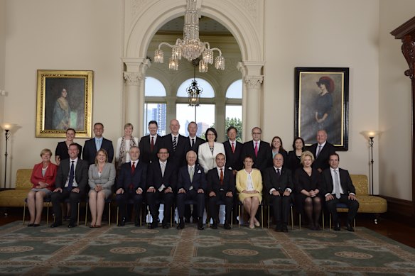 The Andrews government ministry is sworn in at Government House in 2014.