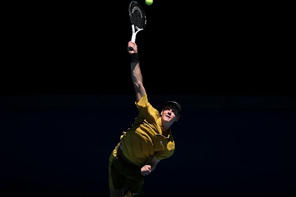 Jannik Sinner of Italy plays a forehand in the Men’s Singles Third Round against Eliot Spizzirri of the United States during day seven of the 2026 Australian Open at Melbourne Park.