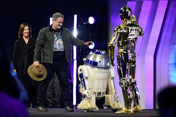  Kathleen Kennedy, left, and her successor Dave Filoni at a fan event in Tokyo last year.  