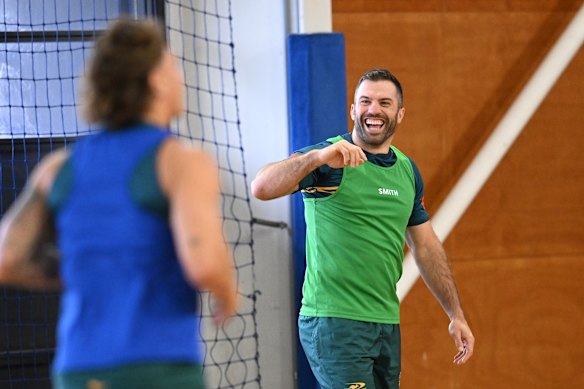 James Tedesco and Reece Walsh train on Monday.