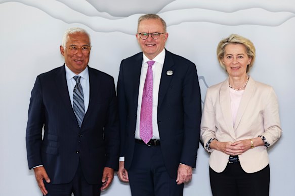 Prime Minister Anthony Albanese (centre) with European Commission President Ursula von der Leyen (right) and European Council President António Costa at the G7 in June.