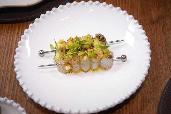 Skewers of garfish at Marmelo are doused in vinho verde vinegar. 