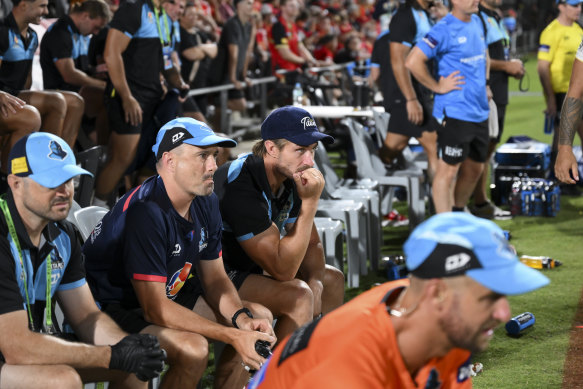 Kieran Foran (third from left) has a nail-biting wait to see if he has torn his bicep.