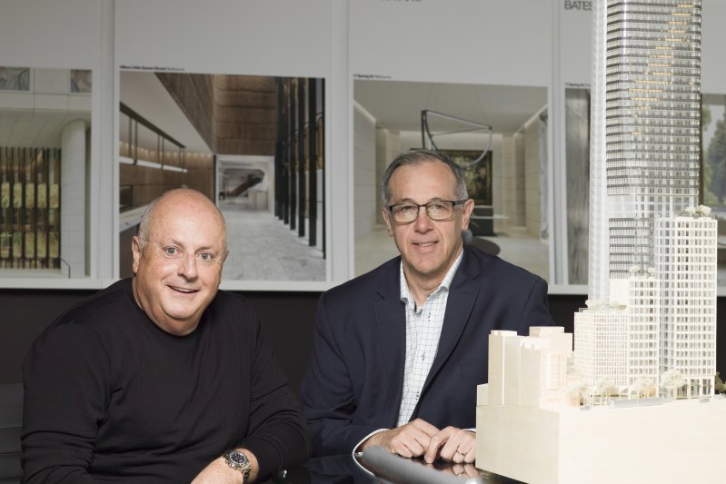 Restaurateur Chris Lucas (left) and Adrian Pozzo of Cbus Property with a model of 435 Bourke Street.