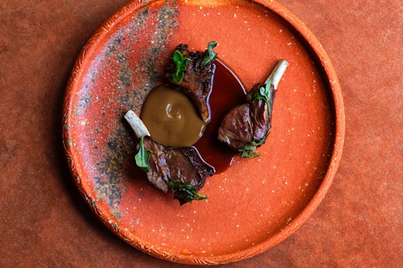 A dish of kangaroo and maitake mushroom.