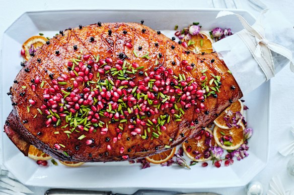 Pomegranate and pistachio glazed ham.