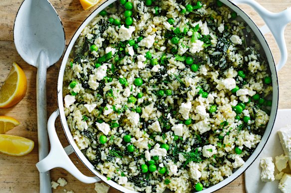 Danielle Alvarez’s lemony spinach, dill and feta rice pilaf.