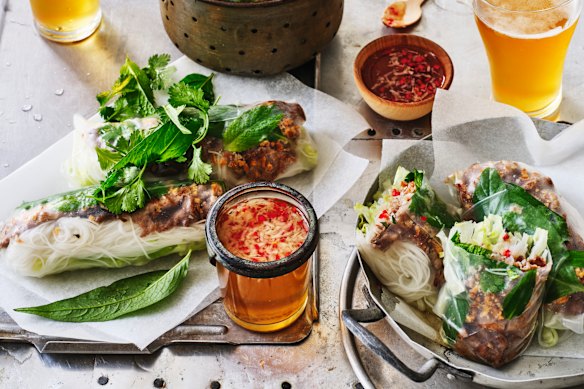 Lemongrass beef rice paper rolls.