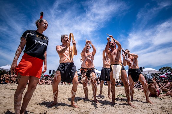 Members of Indigenous dance groups from across Victoria took part in treaty celebrations at Sir Doug Nicholls Oval in Thornbury.
