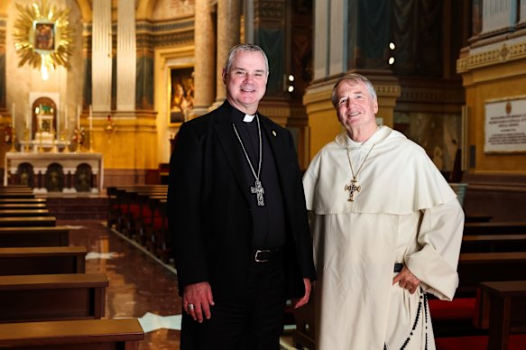 Archbishop of Melbourne Peter Comensoli and Archbishop of Sydney Anthony Fisher at the Sanctuary of Our Lady of Pompeii in Rome on Saturday.