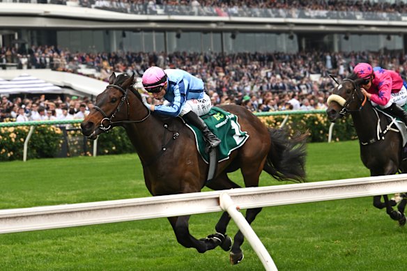 Blake Shinn riding True Rebel to a win in race three on Cox Plate day.