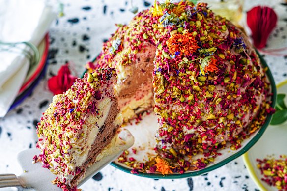 Neapolitan Christmas Bombe ice-cream cake.
