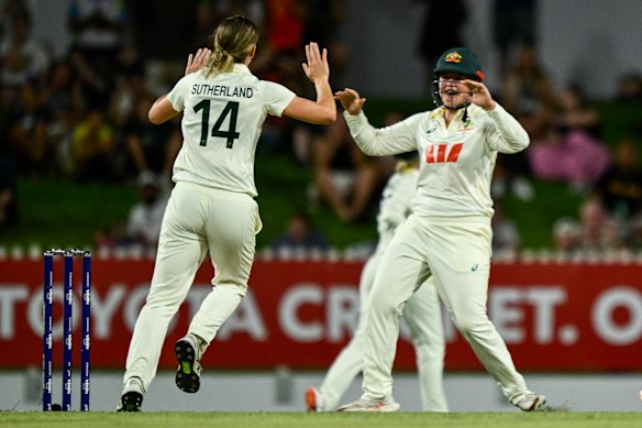 Annabel Sutherland taking the wicket of Jemimah Rodrigues of India during day two of the Women’s Test Match between Australia and India at WACA.