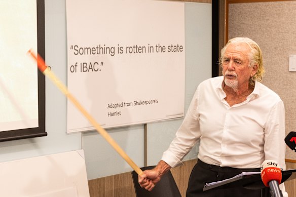 John Woodman at a 2023 press conference about the findings of Operation Sandon.