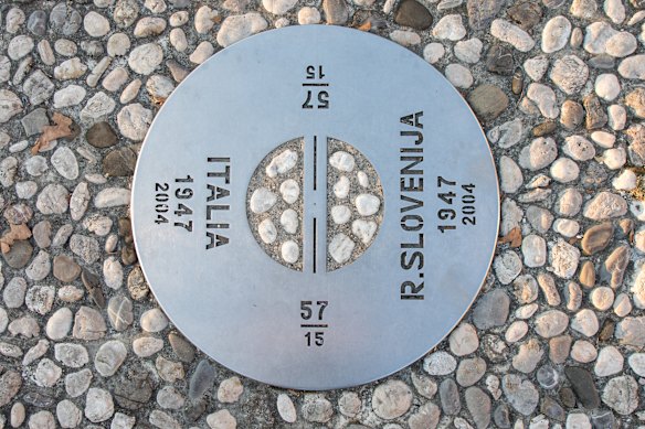 Border plaque between Goricia, Italy and Nova Gorica, Slovenia.