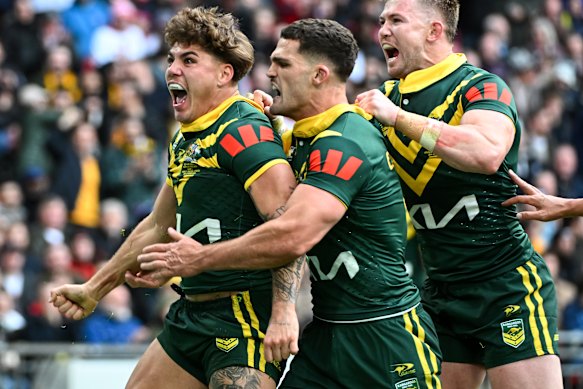Reece Walsh and Nathan Cleary at Wembley Stadium.