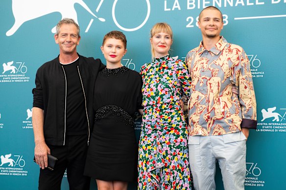 Shannon Murphy (second from right) with the stars of her movie Babyteeth at the 2019 Venice Film Festival. (From left) Ben Mendelsohn, Eliza Scanlen and Toby Wallace.