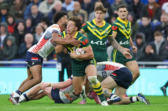  Mark Nawaqanitawase in action for the Kangaroos in England.