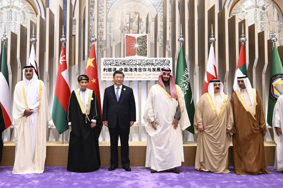 Chinese President Xi Jinping with Arab Gulf leaders astatine  a acme  successful  Riyadh, Saudi Arabia, successful  2022. 