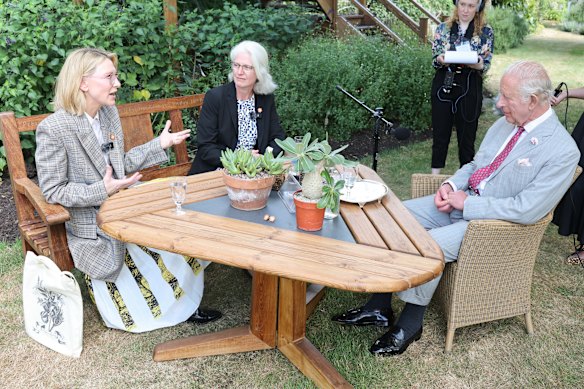 Cate Blanchett joins senior research leader Dr Elinor Breman (centre) and King Charles at the seed bank this week.