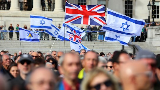 People waved Israeli and Union Jack flags as the Jewish community gathered in London&rsquo;s in Trafalgar Square on Sunday to mark the second anniversary of the Hamas attack on Israel.