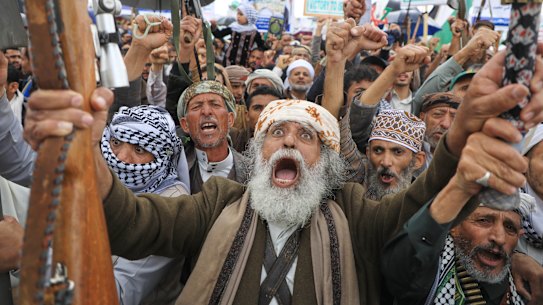 Houthi supporters rally in Yemen’s capital on March 13. There are fears the group could resume its attacks on Red Sea shipping.