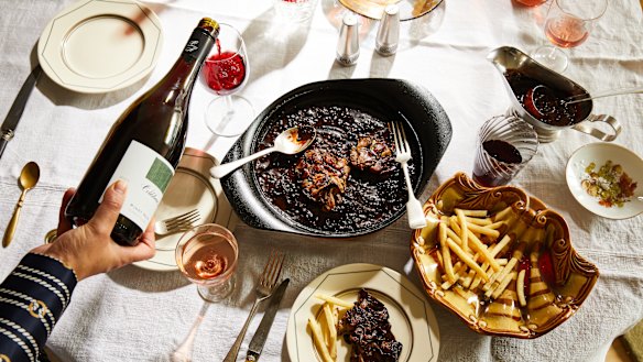 Grill-striped oyster mushroom “steaks” are served with sauce au poivre.