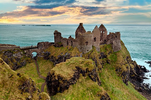 Dunluce Castle ruins on the dramatic coastal cliffs of North County Antrim.