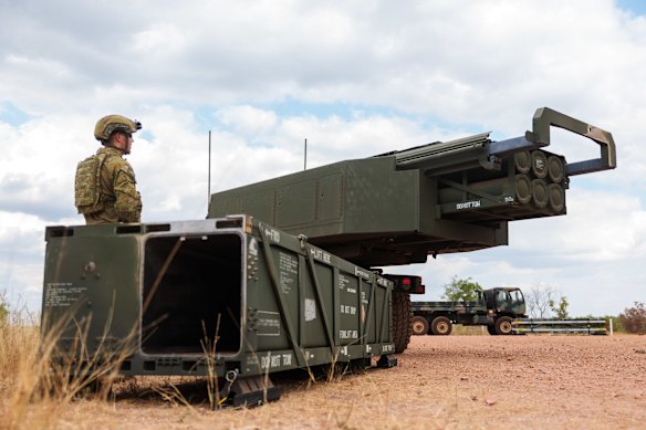 The two-compartment PrSM missile launcher can be seen in the foreground of this image test-firing in the Northern Territory.