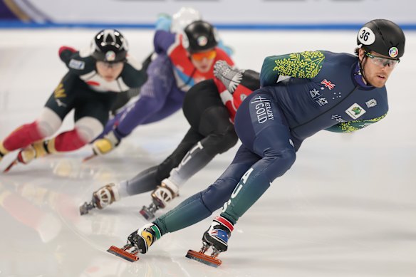 Brendan Corey skates in world short track speed skating championships in Beijing in March.