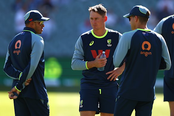 Usman Khawaja, Marnus Labuschagne and Alex Carey of Australia during warm up warm up.