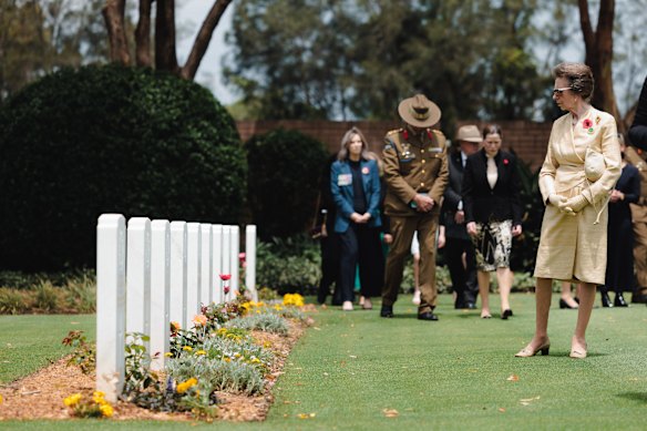 Anne, the Princess Royal, visits war graves in Sydney’s Rookwood Cemetery on Saturday.