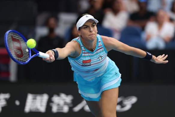 Ajla Tomljanovic of Australia plays a forehand against Elena-Gabriela Ruse of Romania.
