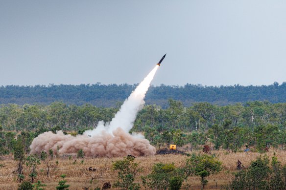 An Australian Army HIMARS fires a Precision Strike Missile (PrSM) at Mount Bundey Training Area in the Northern Territory.