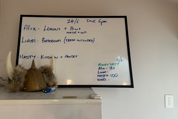 The whiteboard that sets out the St Kilda players’ house chores.