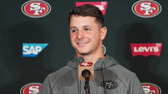 San Francisco 49ers quarterback Brock Purdy speaks to the media on Tuesday.