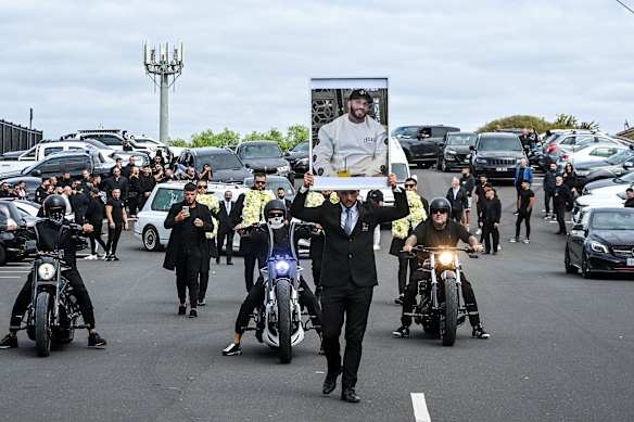 A motorcycle escort formed part of the elaborate funeral procession for murdered underworld figure Sam Abdulrahim.