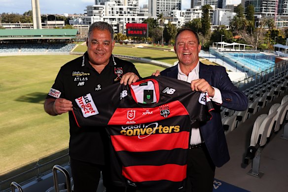 Coach Mal Meninga and former North Sydney player Billy Moore unveil the Perth Bears’ inaugural NRL jersey at the WACA Ground on Friday.